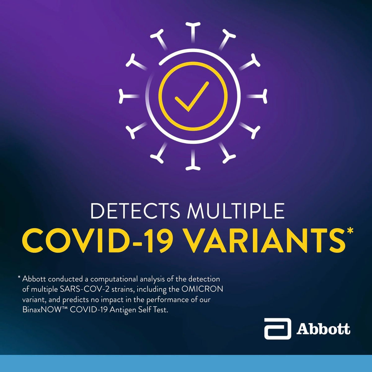 Virus icon with yellow checkmark: detects multiple COVID-19 variants