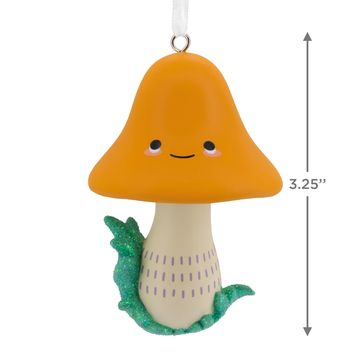 Size guide showing the smiling mushroom ornament at 3.25 inches tall