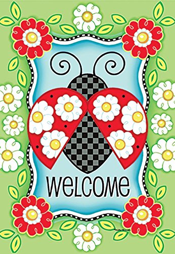 Flat view of the ladybug Welcome flag with red and white daisies