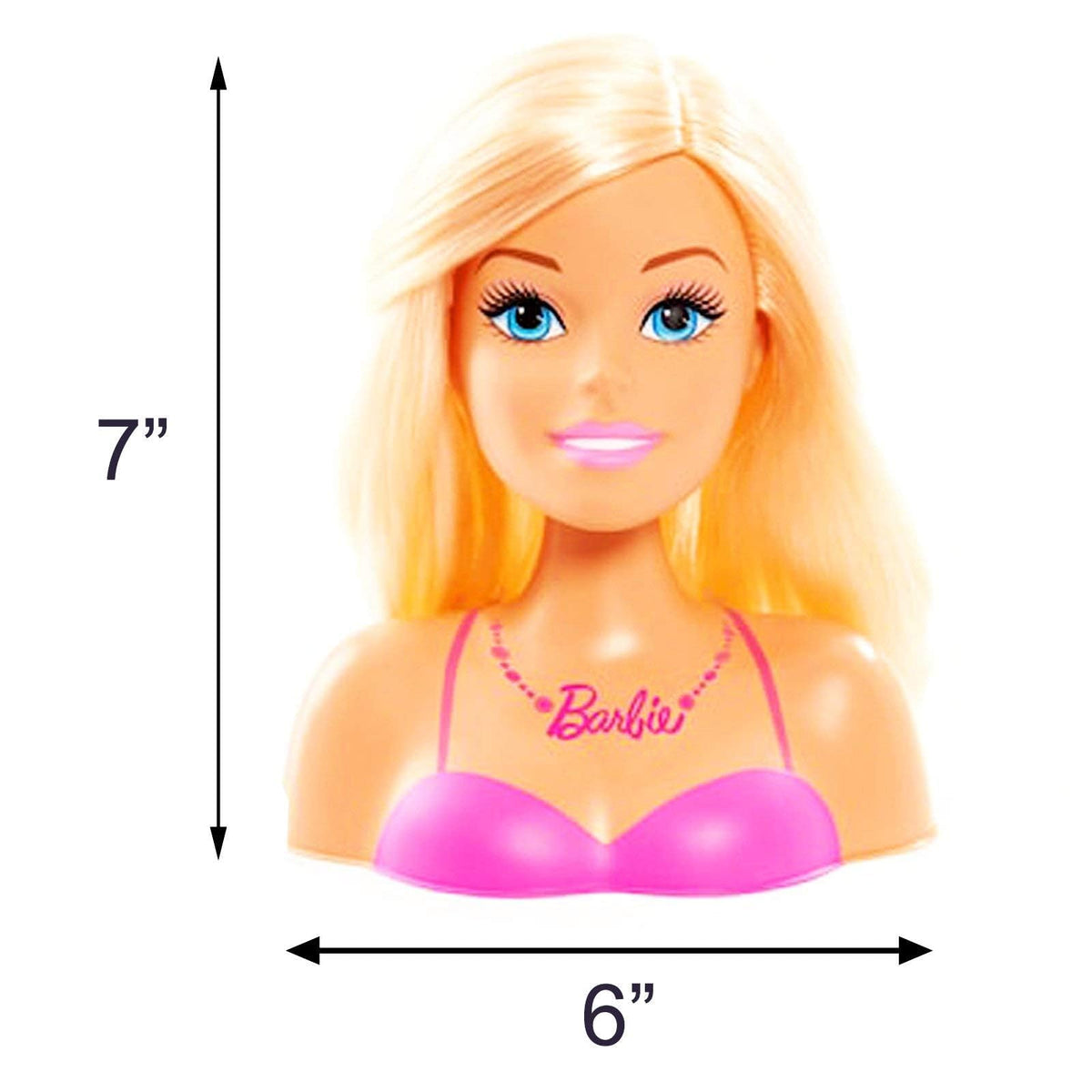 Smaller blonde Barbie mini styling head in a pink top, 7 by 6 inches