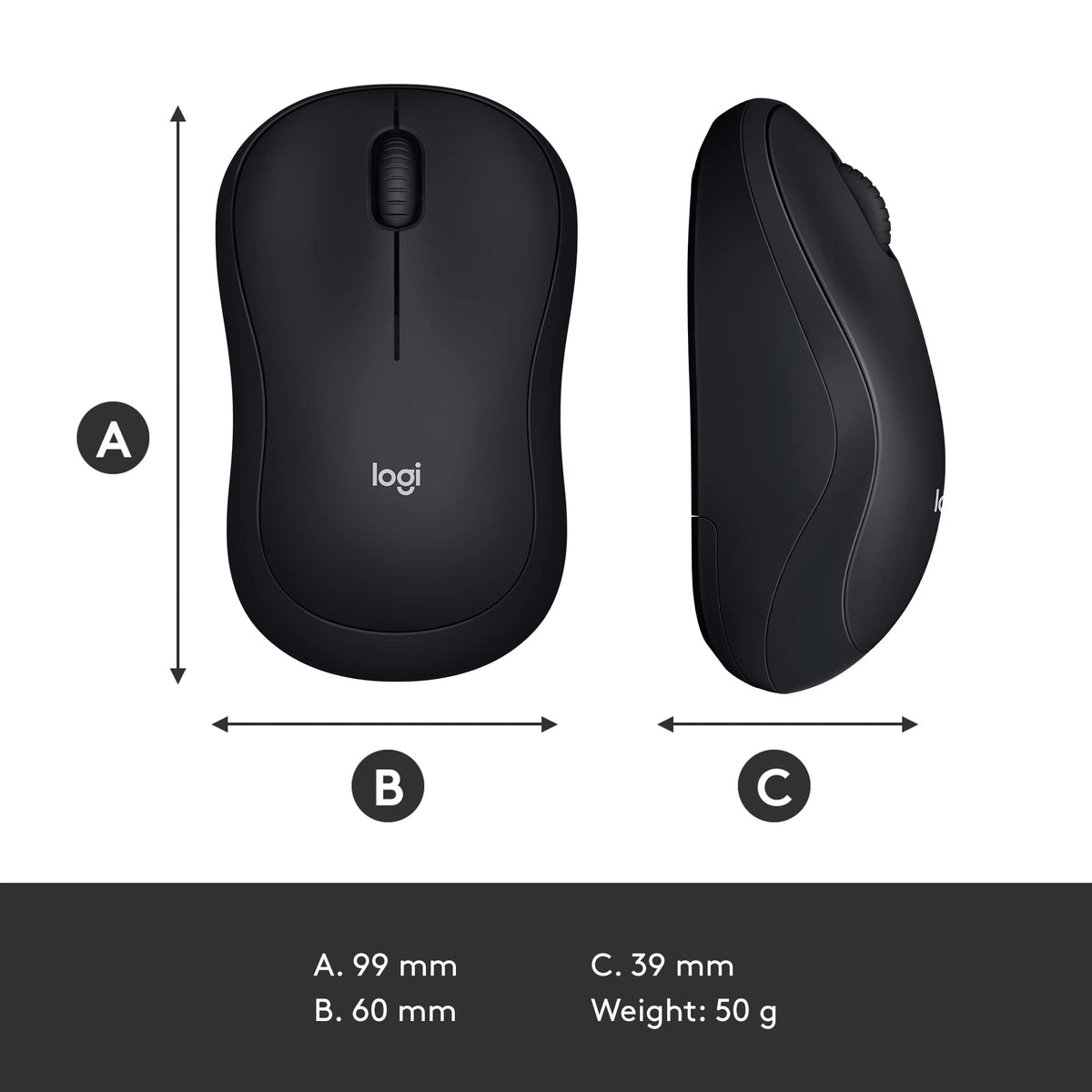 Black mouse top and side views: 99 mm long, 60 mm wide, 39 mm high, 50 g
