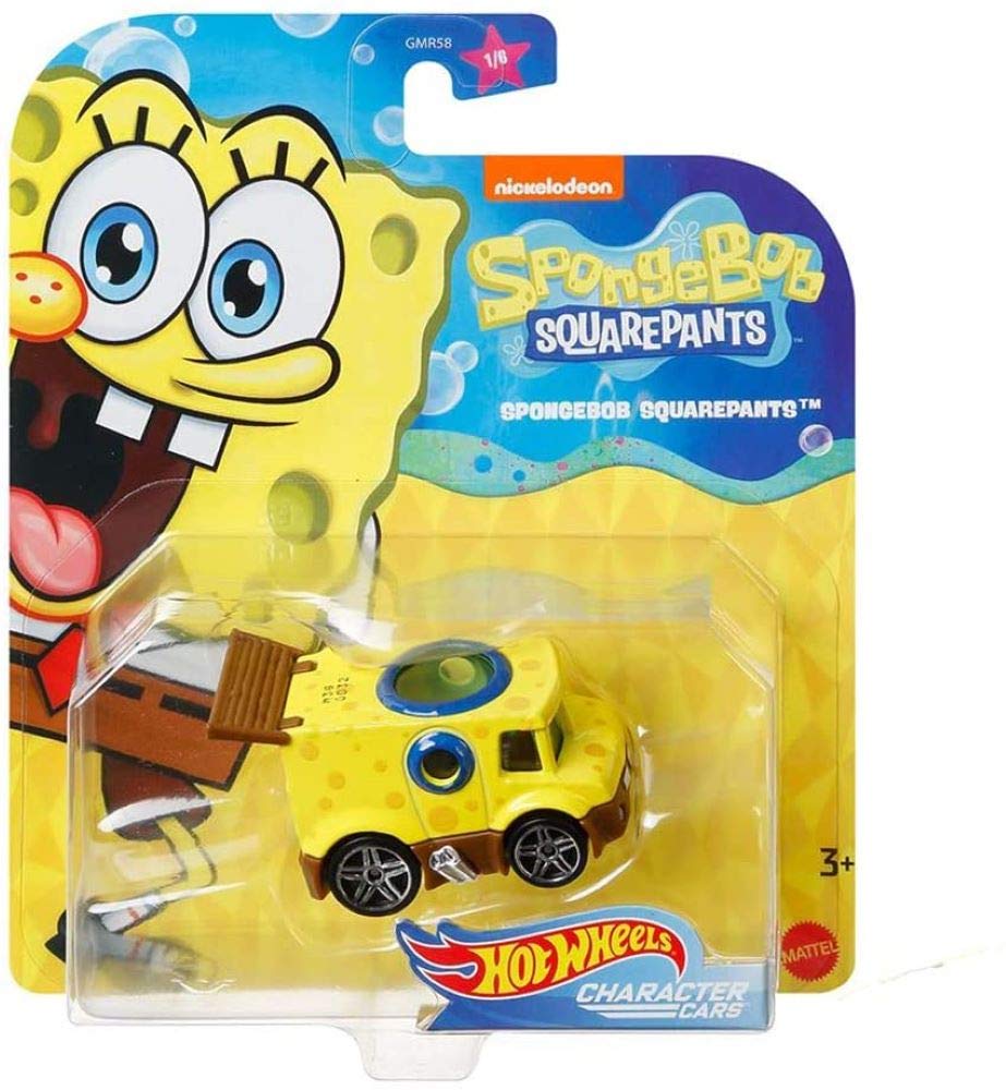 Carded yellow sponge-themed die-cast toy van in front of a cartoon sponge character