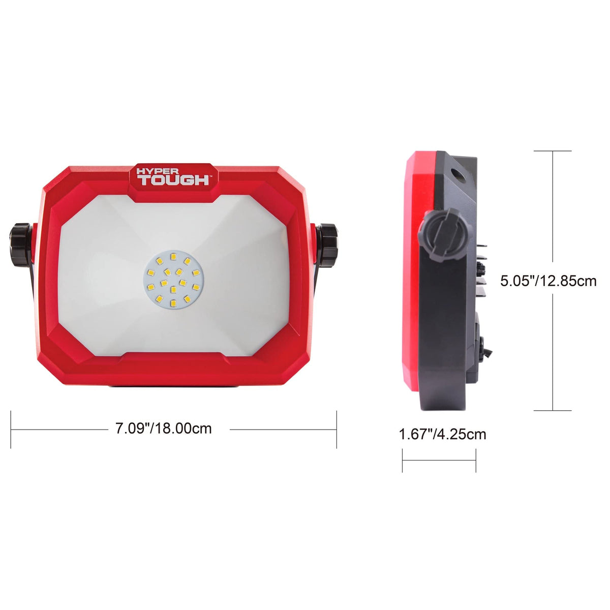 Front and side views of the work light, 7.09 by 5.05 by 1.67 inches