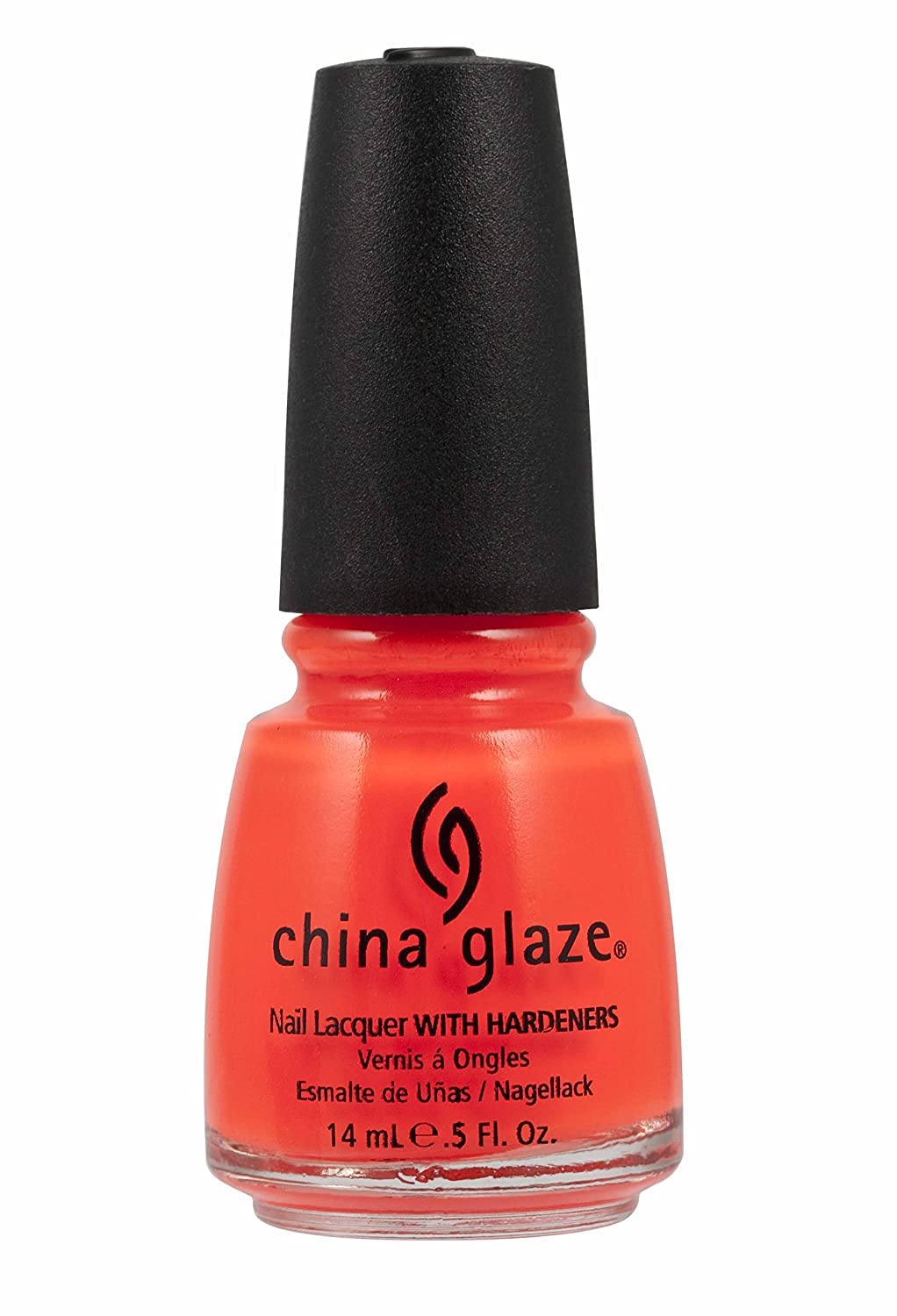 Bottle of neon coral orange nail lacquer with a black cap