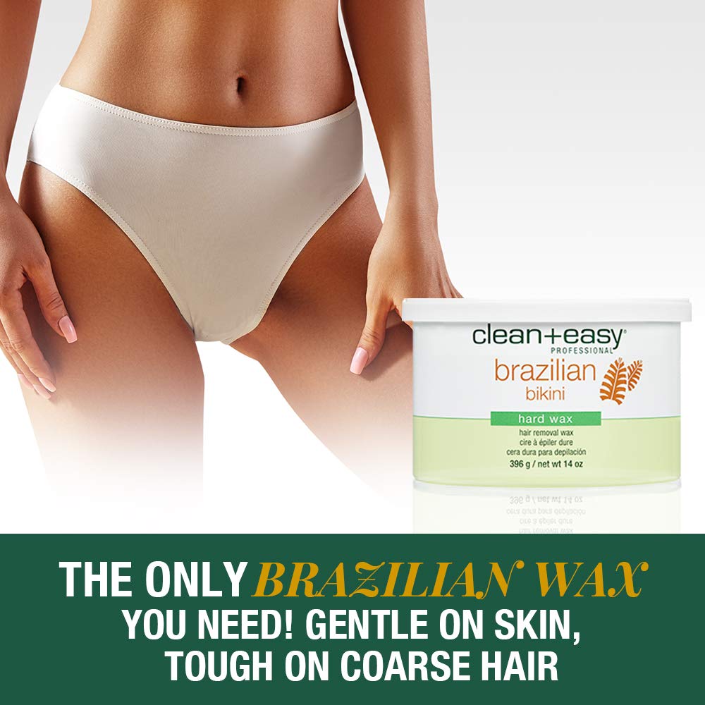 Model in white briefs beside the Brazilian hard wax tub with a gentle on skin banner