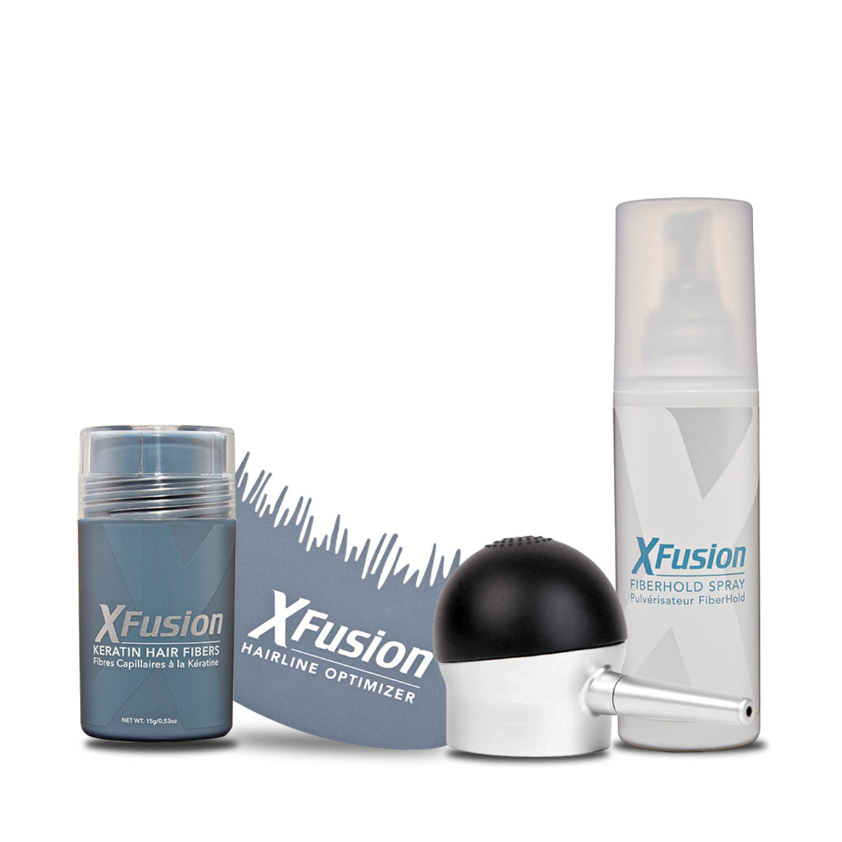 Hair fiber bottle, spray applicator, hairline guide and fiber-hold spray