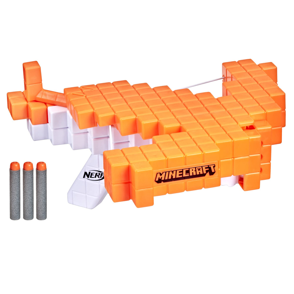 Orange and white blocky pixel crossbow blaster with three grey foam darts