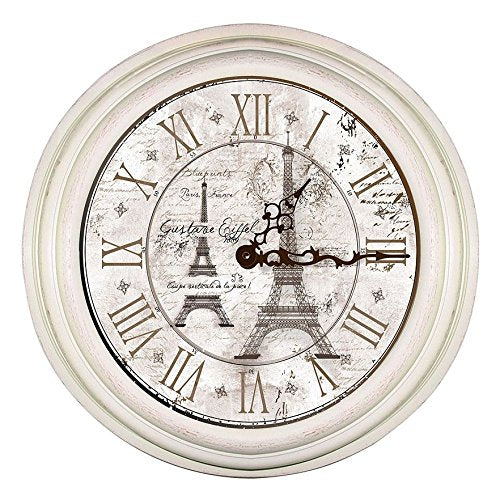 Round cream wall clock with Roman numerals and Eiffel Tower sketches on the face