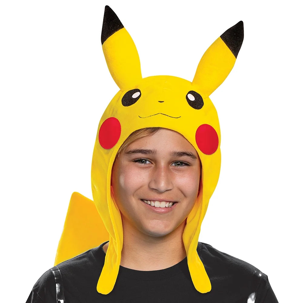 Smiling boy wearing the yellow plush hood with black-tipped ears and red cheeks