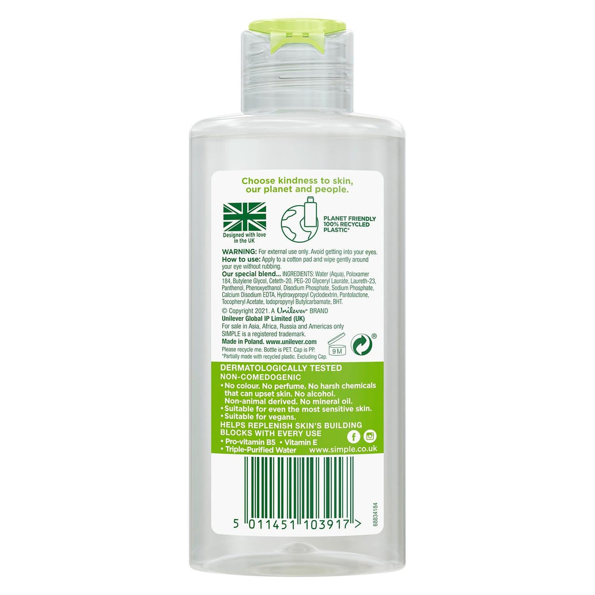 Back of the clear bottle showing ingredients, how to use and barcode