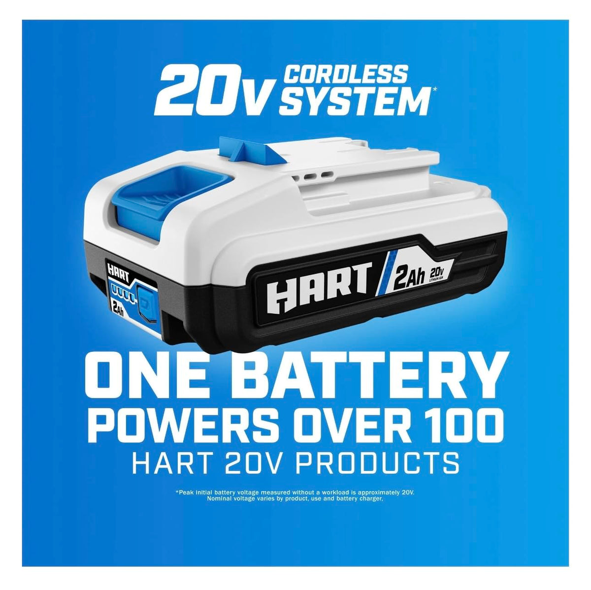 White and black HART 20V 2Ah lithium-ion battery on a blue background