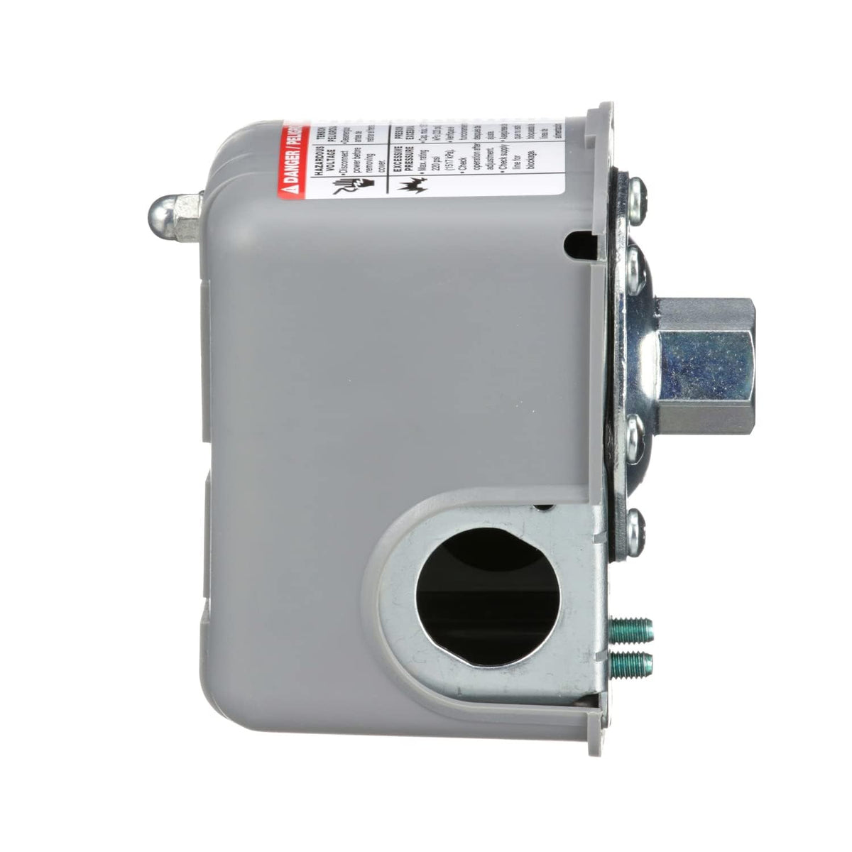 Side view of the pressure switch with green ground screws and danger warning label