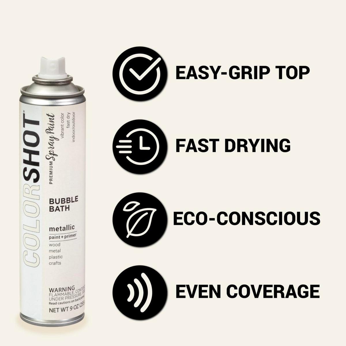 Pearly white spray can beside easy-grip, fast drying, eco and even coverage icons