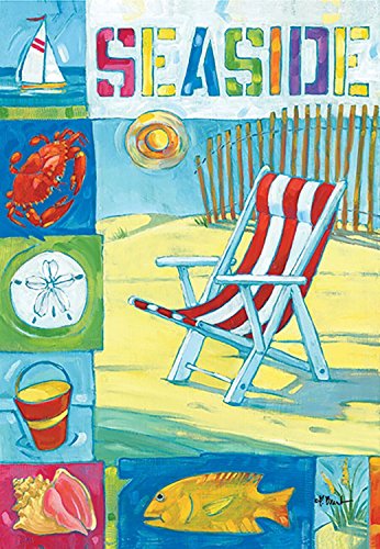 Flat view of the Seaside flag with a beach chair, dune fence and sea creature tiles