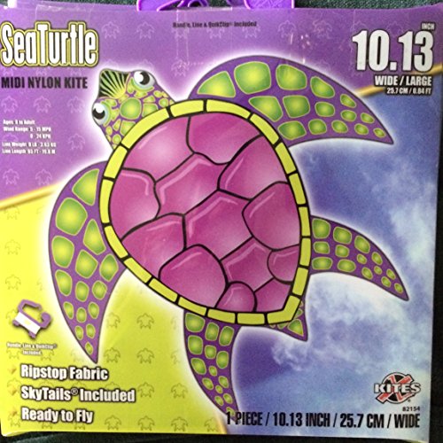 Purple and lime green sea turtle kite package, 10.13 inches wide