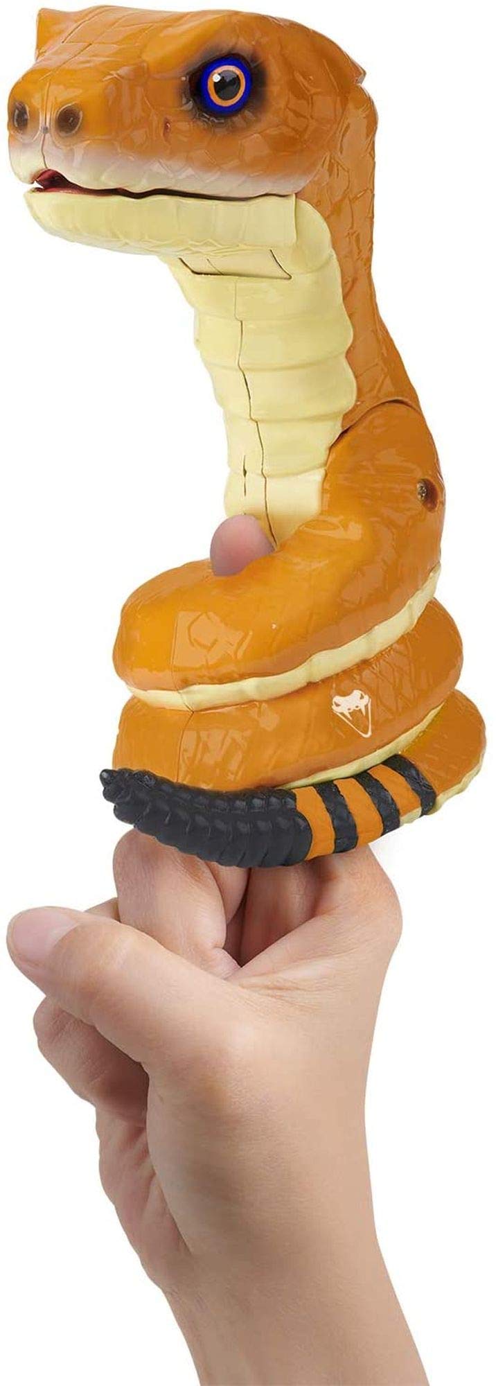 Orange rattlesnake toy wrapped around a finger, standing tall with mouth closed