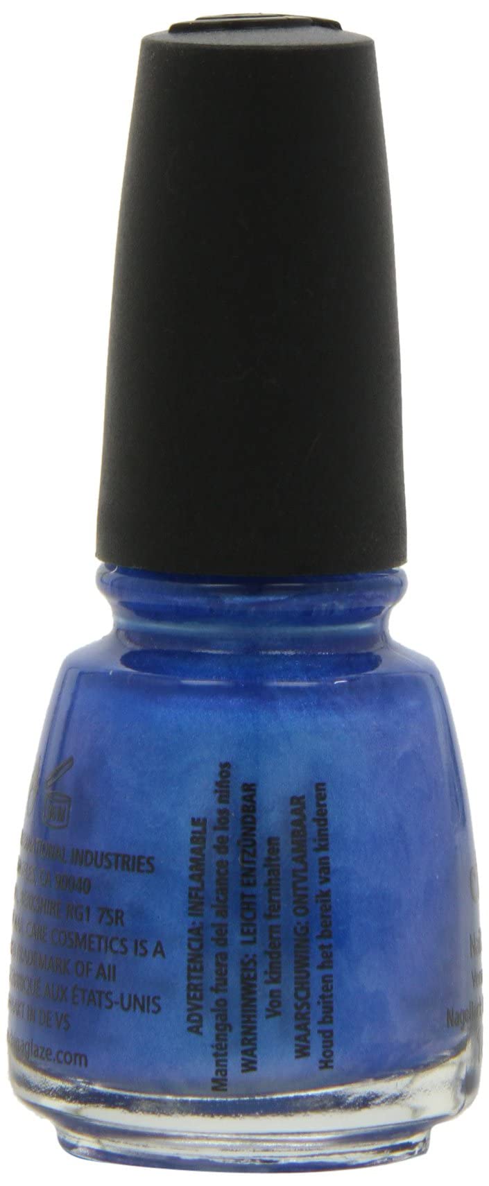 Side of the blue polish bottle with multilingual flammable warnings