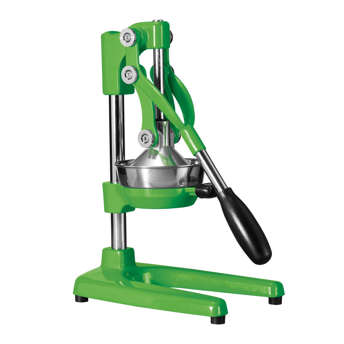 Green cast-iron lever citrus press with a stainless steel cone and cup