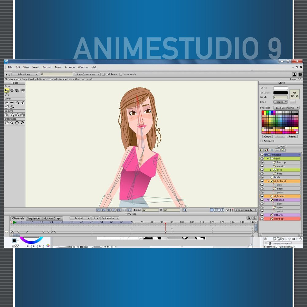 Anime Studio 9 screenshot animating a cartoon girl in a pink top using bones