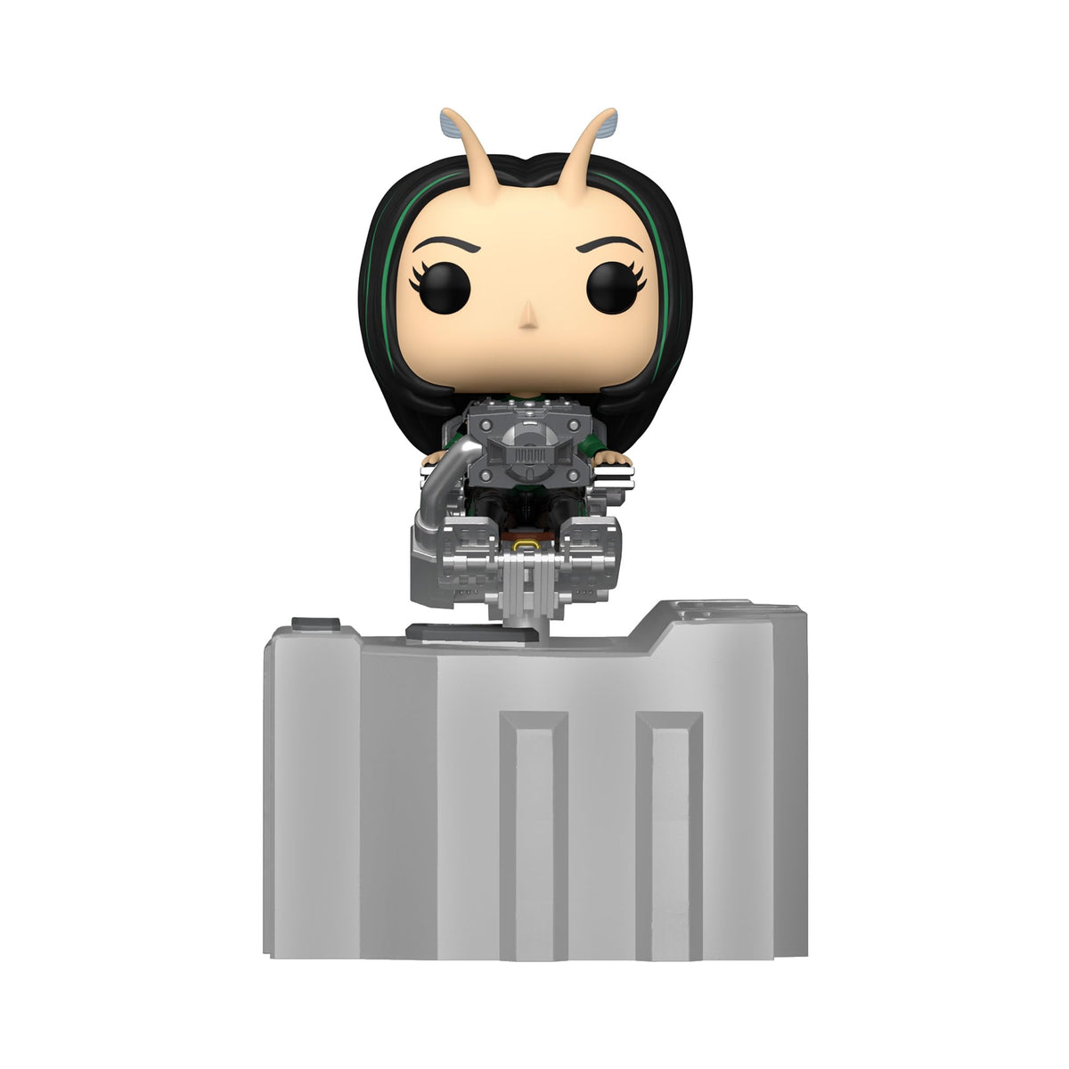 Mantis vinyl figure with antennae in a silver pilot chair on a ship console base
