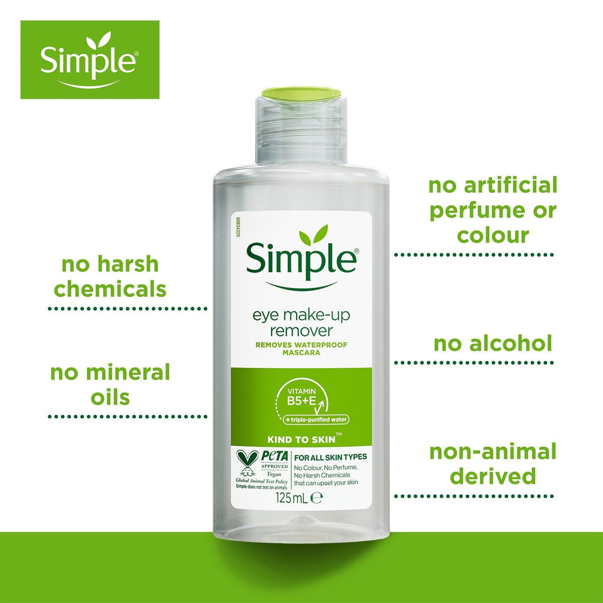 Eye make-up remover bottle with labels: no harsh chemicals, no alcohol, no mineral oils