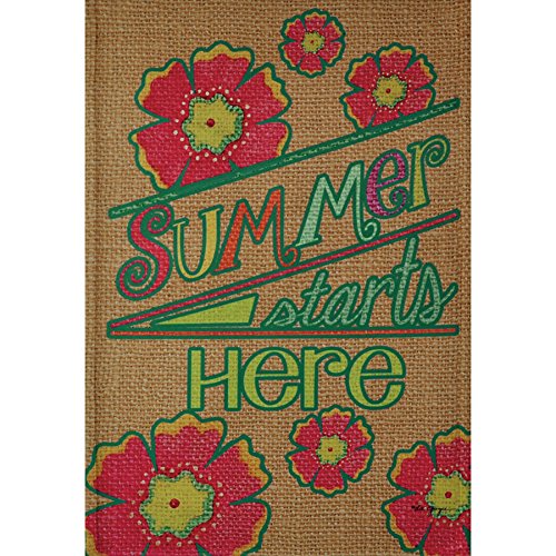 Burlap-look garden flag with pink flowers and Summer starts here lettering