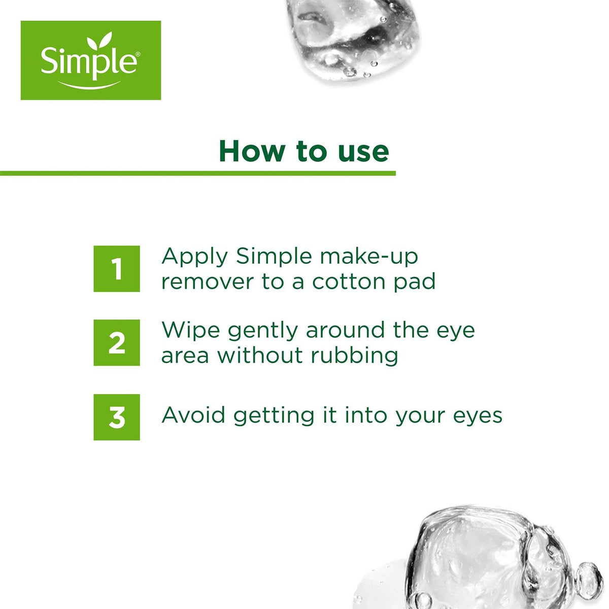 Three how-to-use steps: apply to a cotton pad, wipe gently, avoid the eyes