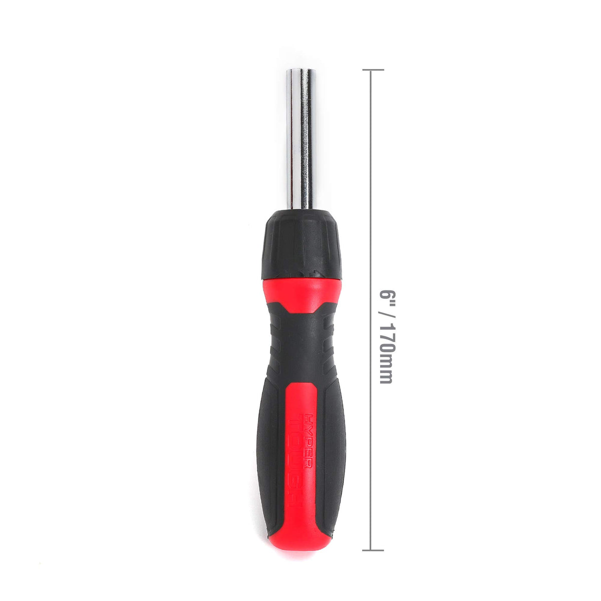 Hyper Tough ratcheting screwdriver standing upright, about 6 inches long