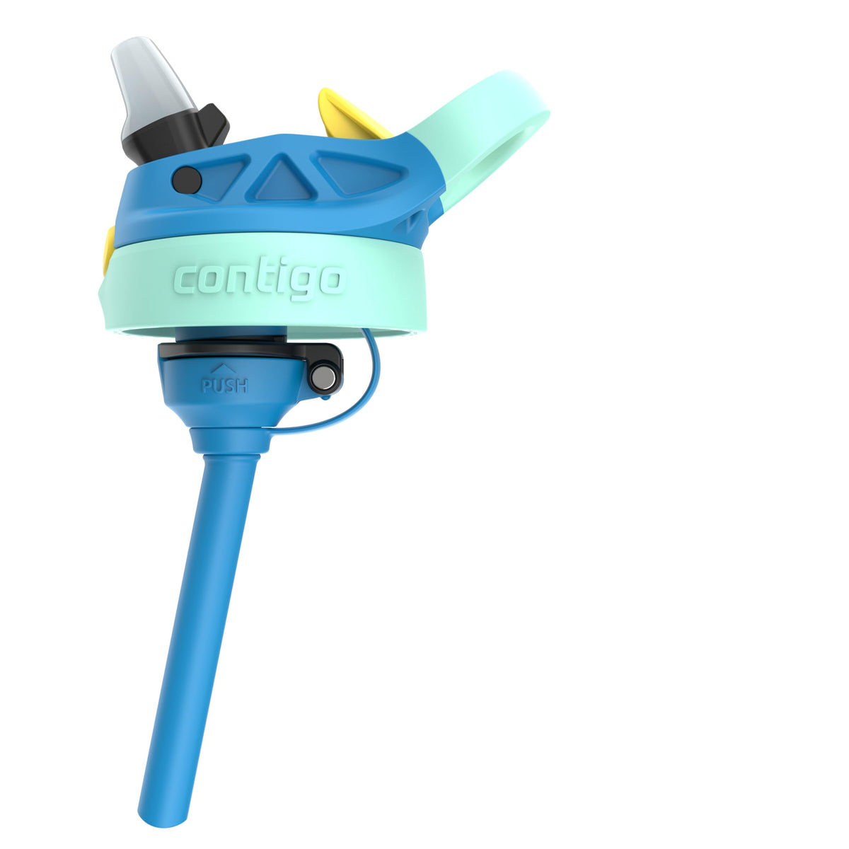 Removed blue and mint lid with spout, push-release straw base and straw