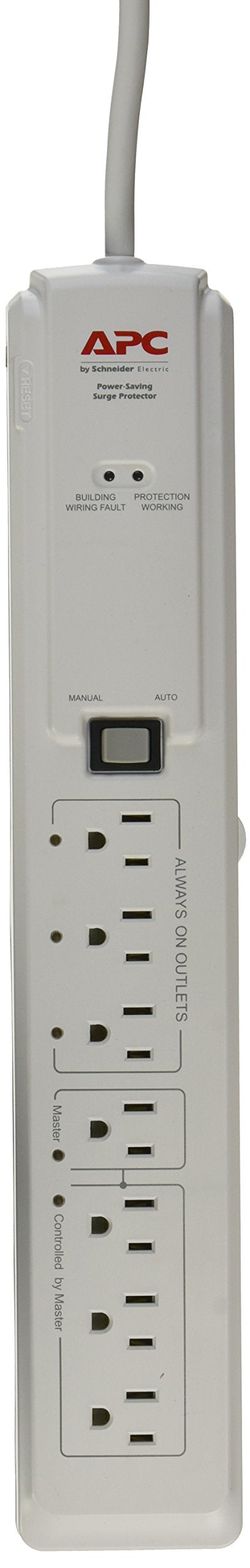 White 7-outlet surge protector strip with status lights, manual/auto switch and master outlet