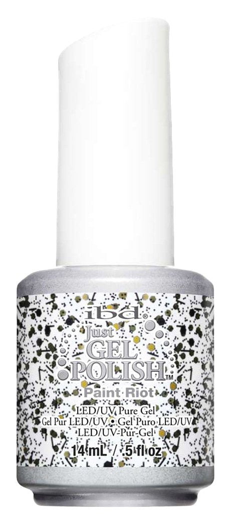 Bottle of white gel polish speckled with black and gold paint-splatter glitter