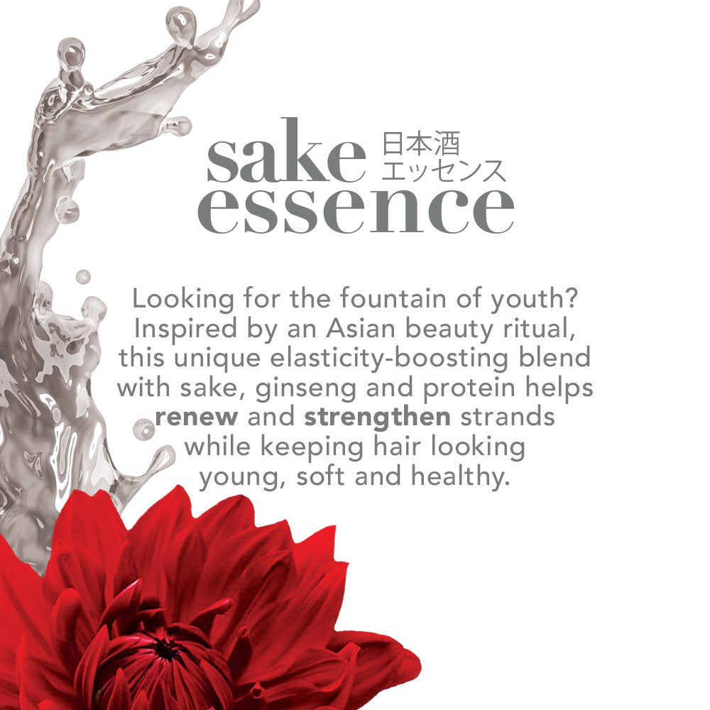 Sake essence text panel with a splash of clear liquid and a red dahlia flower