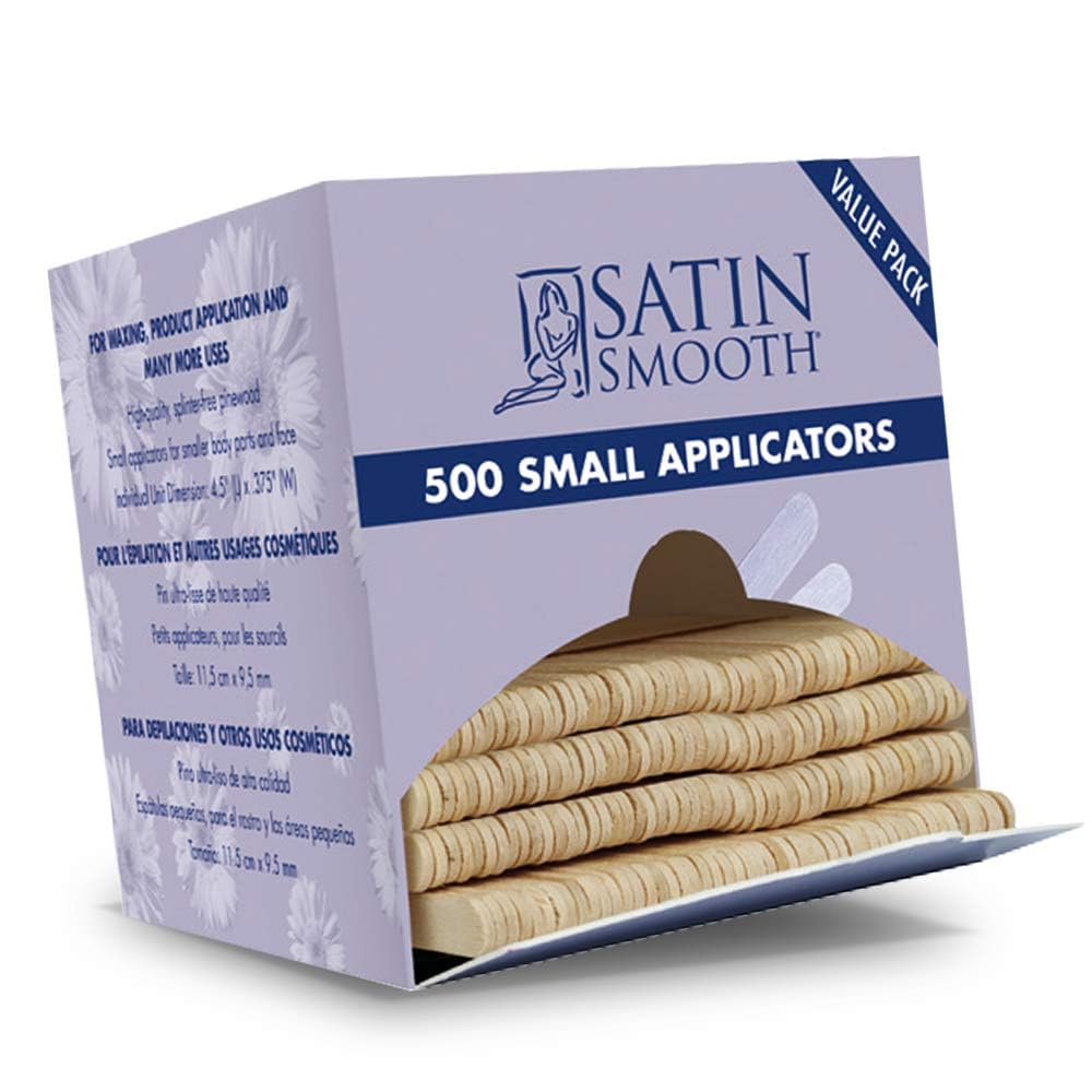 Satin Smooth value pack of 500 small wooden wax applicators in an open lavender box