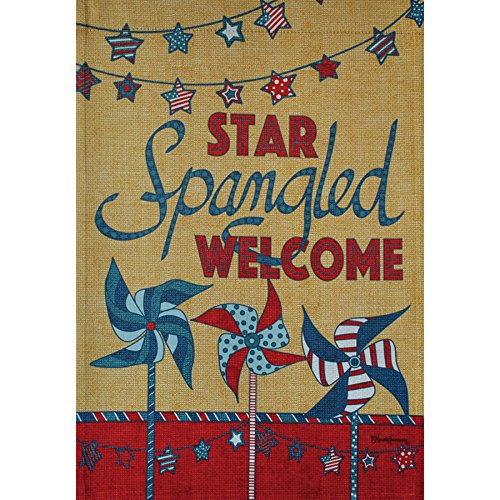 Burlap-look flag with red, white and blue pinwheels, star bunting and Star Spangled Welcome