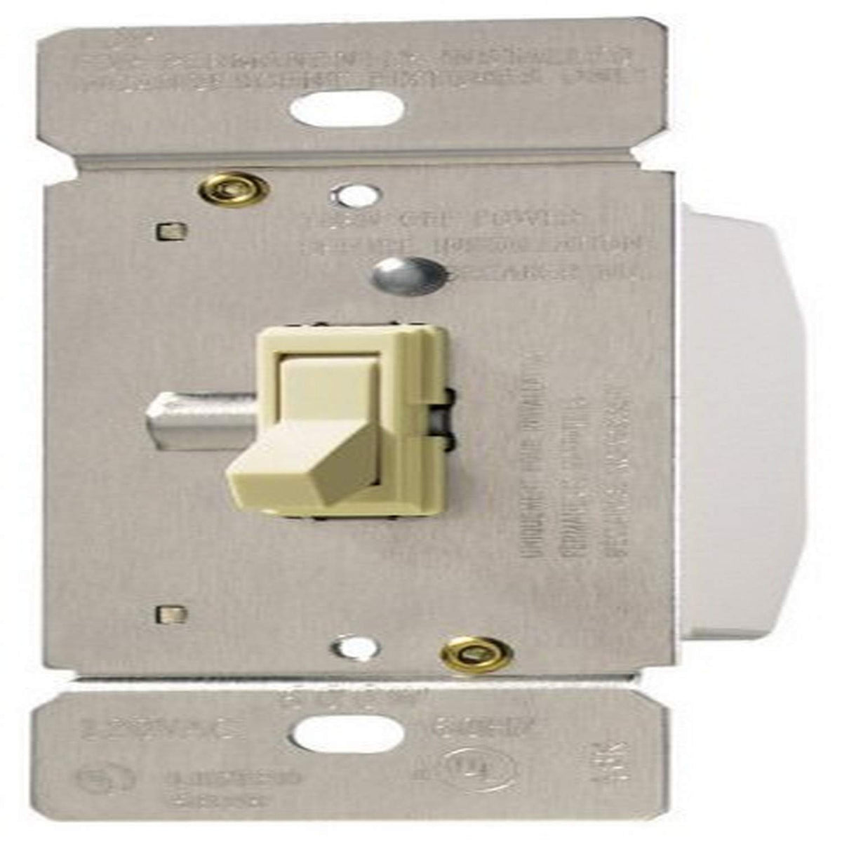 Almond toggle dimmer switch on a metal mounting strap with a side slider