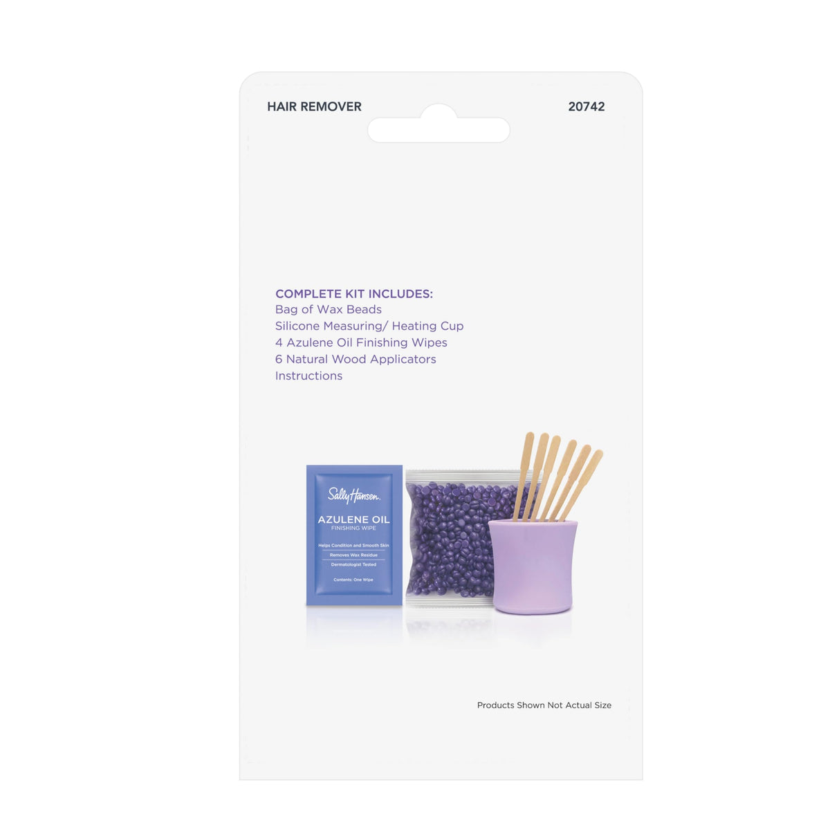 Back of the box listing kit contents: bag of purple wax beads, silicone cup, azulene oil wipes and wood applicators