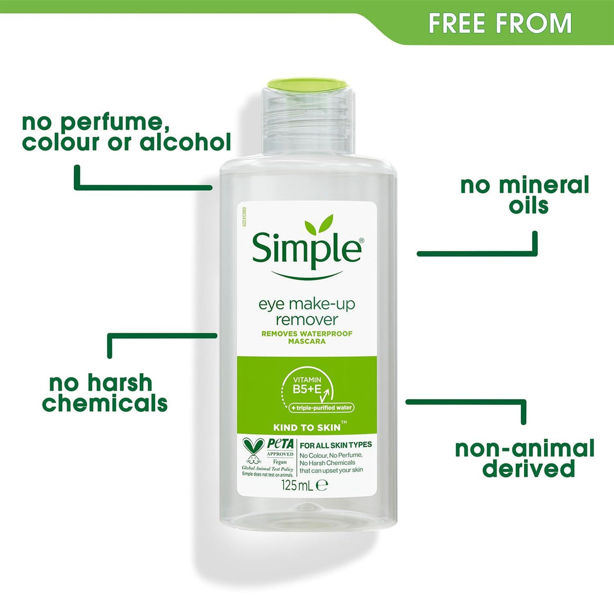 Bottle with free-from callouts: no perfume, colour, alcohol or mineral oils