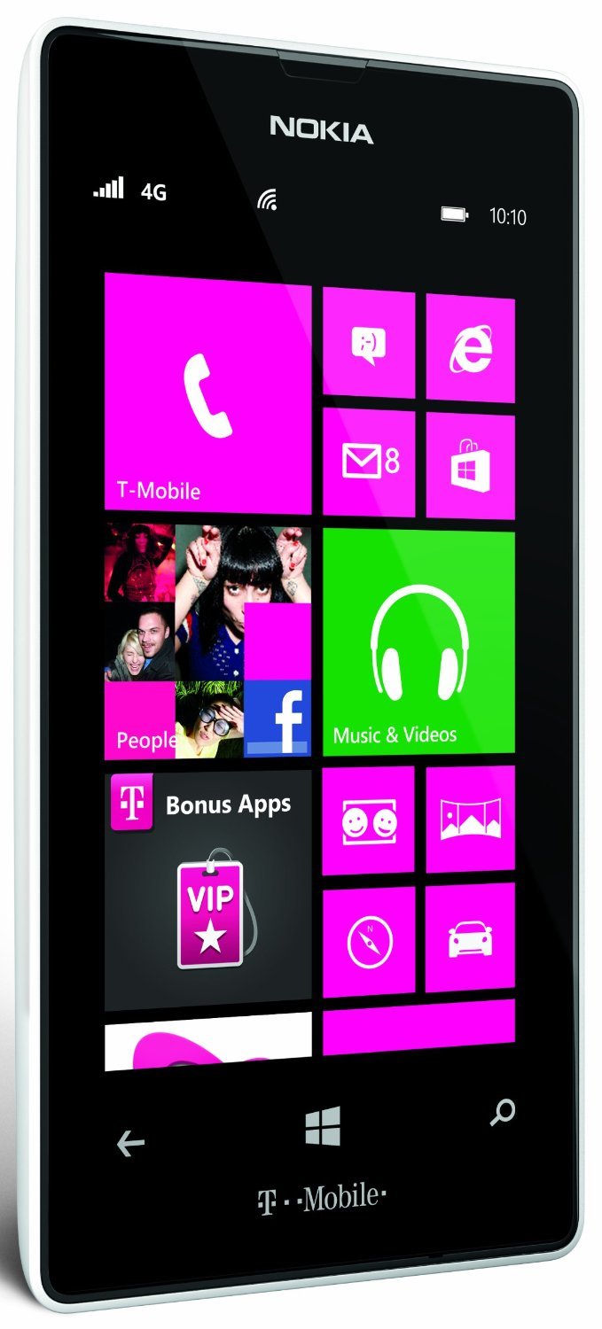 Nokia Lumia 521 shown at an angle with Windows Phone start screen