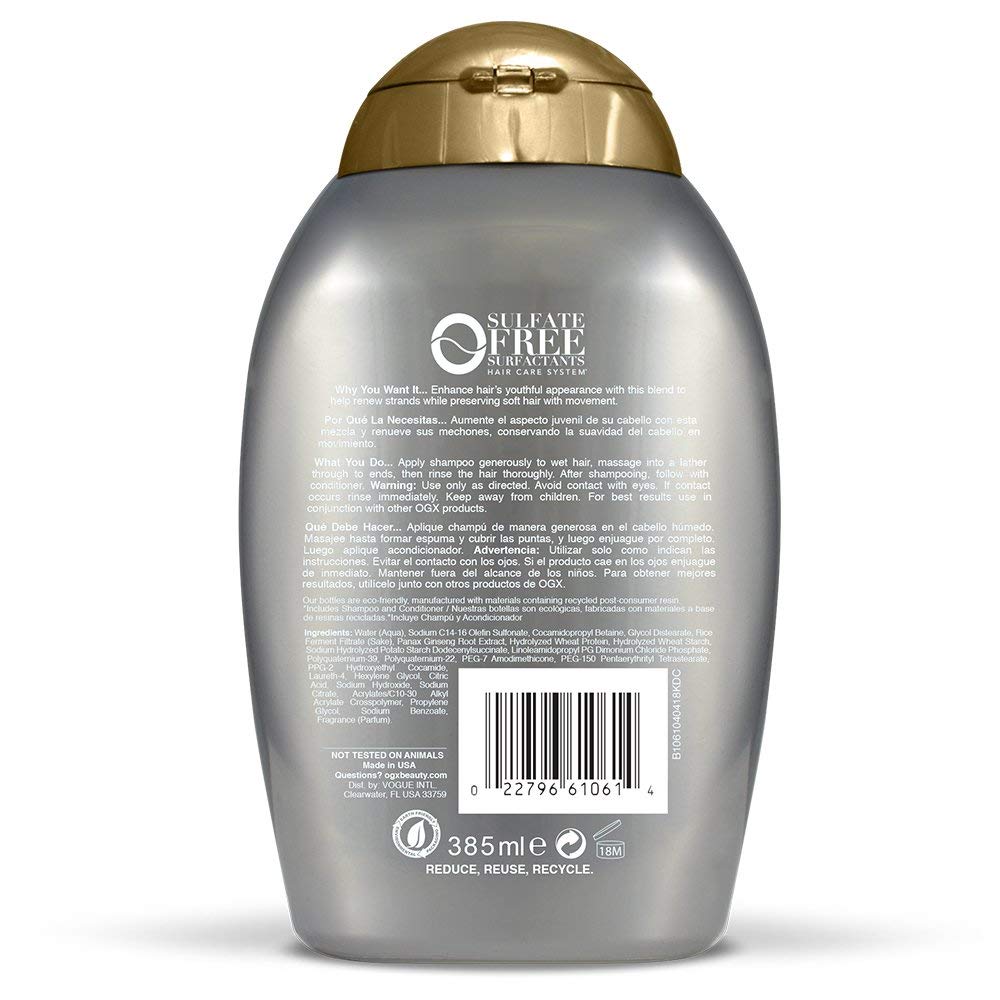 Back of the silver shampoo bottle with a gold cap, directions, ingredients and barcode