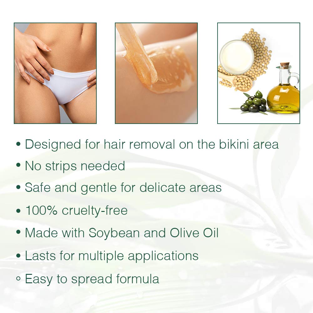 Bikini area, wax on a spatula and soybean and olive oil above a list of wax features