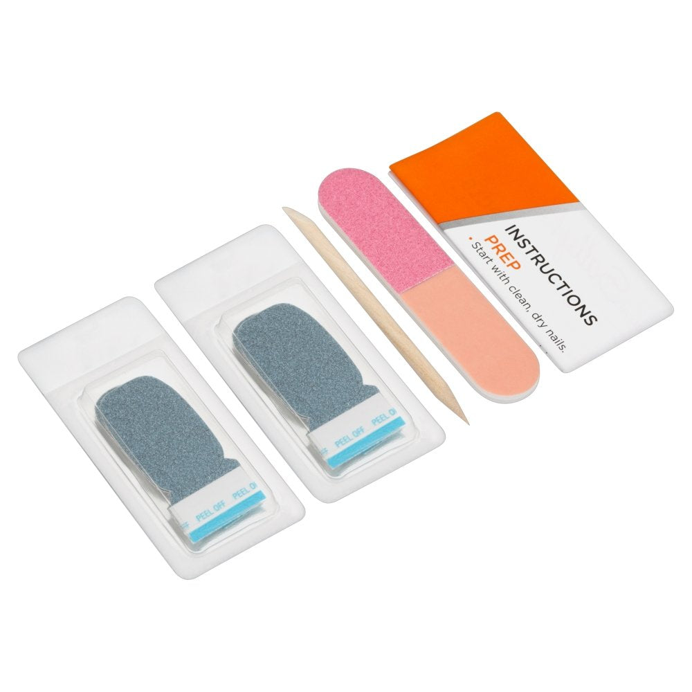 Kit contents: two packs of slate blue strips, cuticle stick, buffer and instruction card