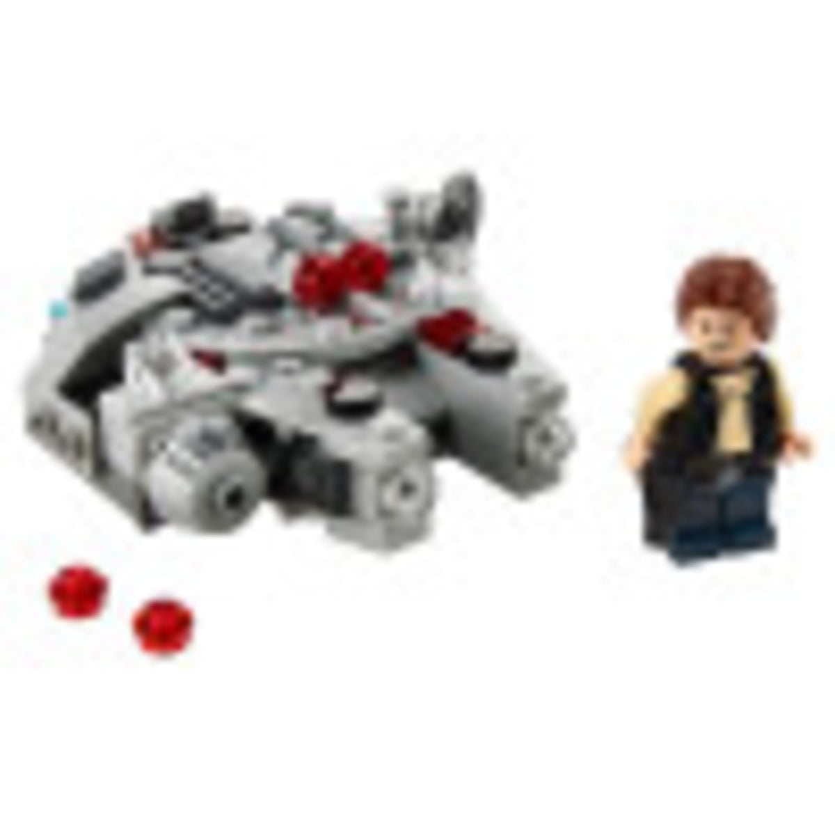 Grey Millennium Falcon microfighter build beside a Han Solo minifigure and two red studs