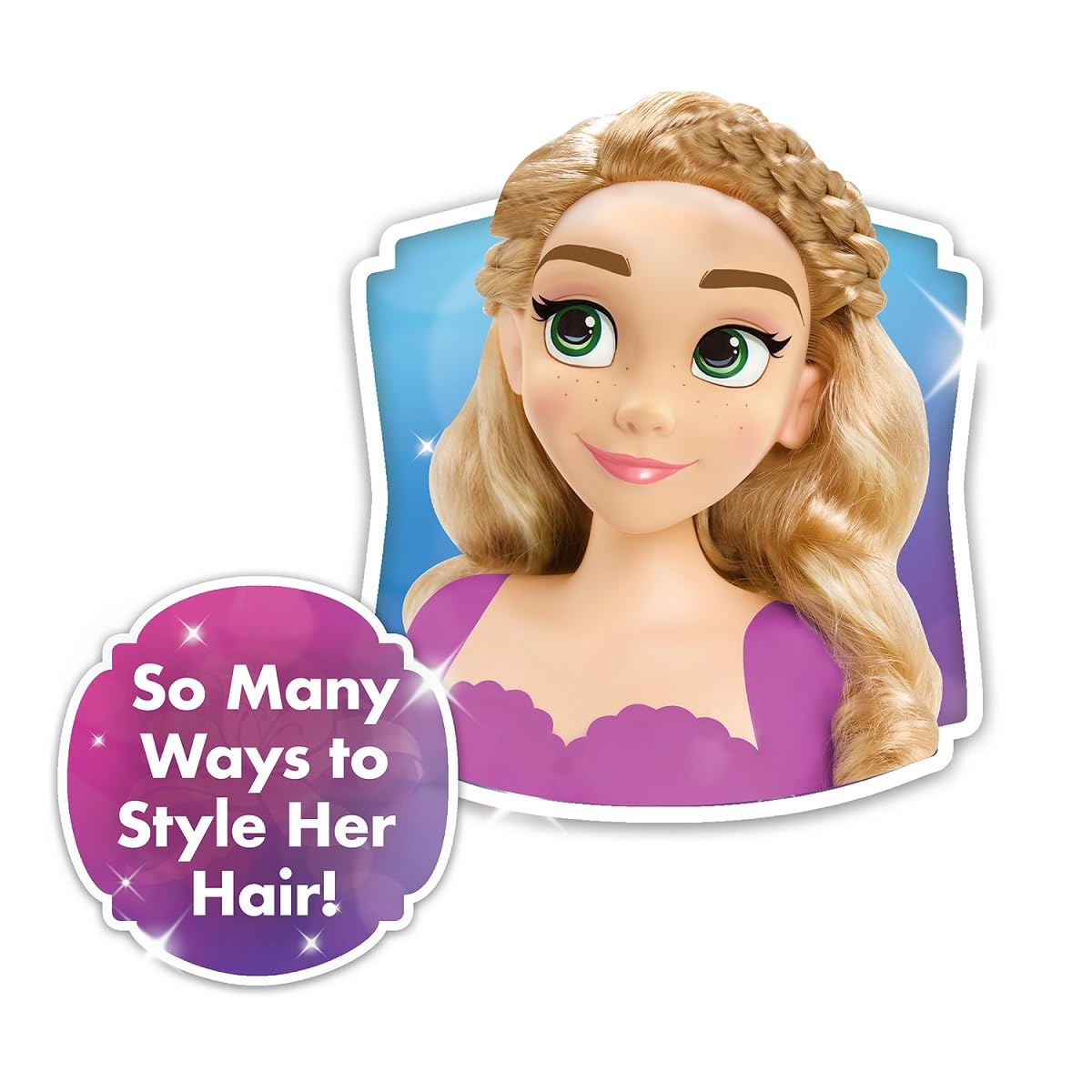 Rapunzel styling head with a braided crown and long side braid in a purple top
