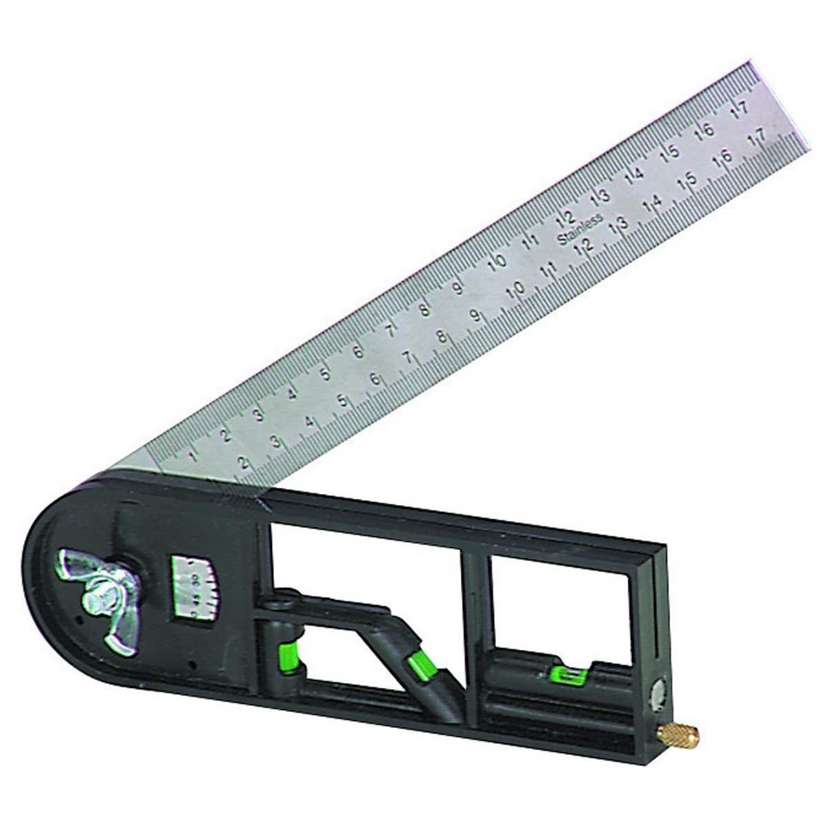 Adjustable multi square with stainless steel ruler, black body and green bubble vials