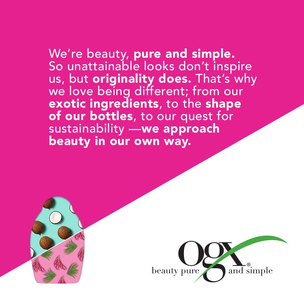Pink panel with a beauty pure and simple message and a coconut-print bottle shape