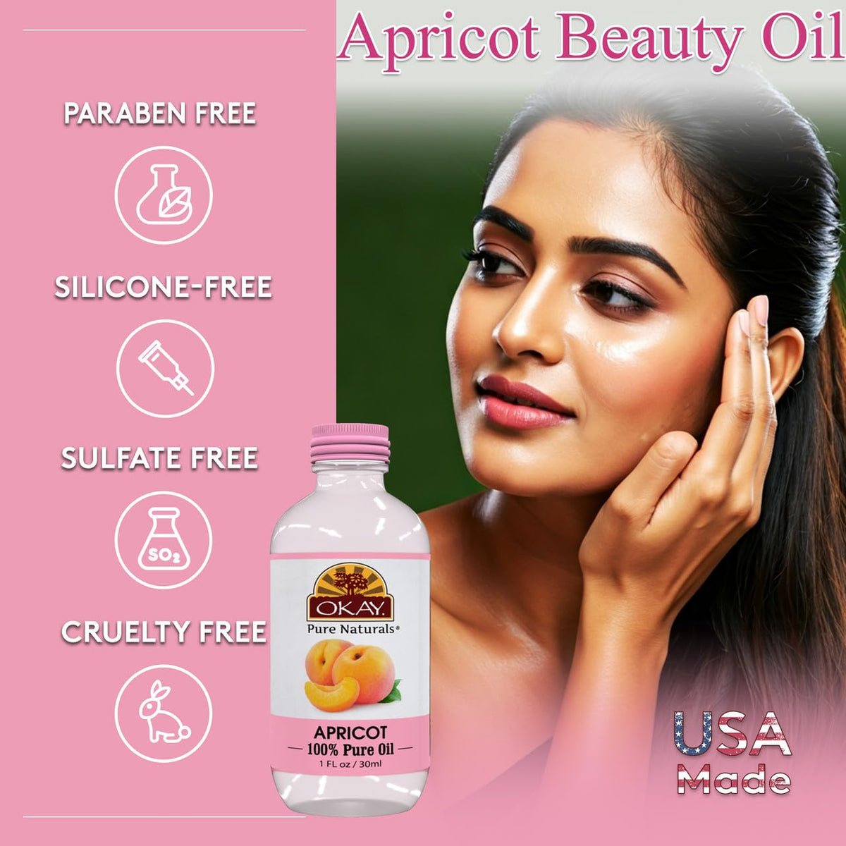 Okay 100% Pure Apricot Oil | For Hair and Skin | High in Vitamins A & C | Soothe and Heal | Free of Silicone & Paraben | 1 oz