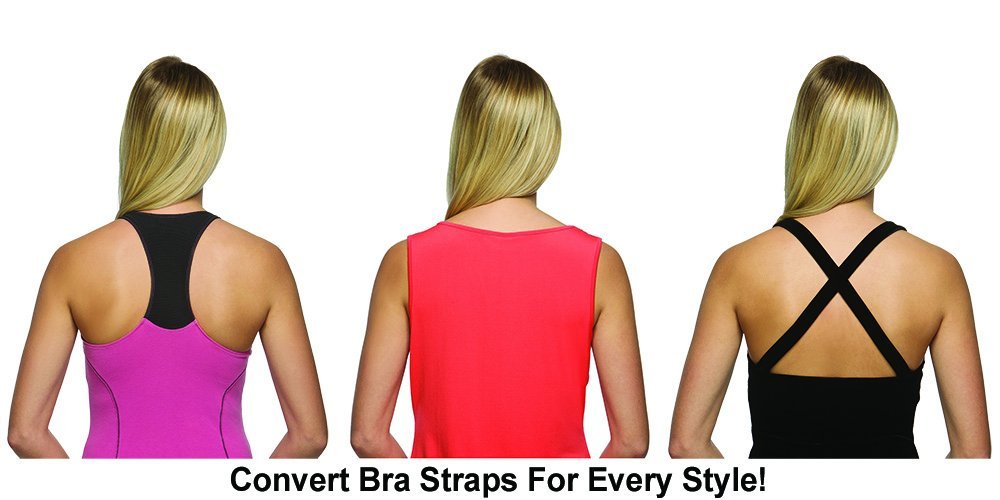 Three tops worn with Style Straps clips: pink racerback, red tank and black cross-back