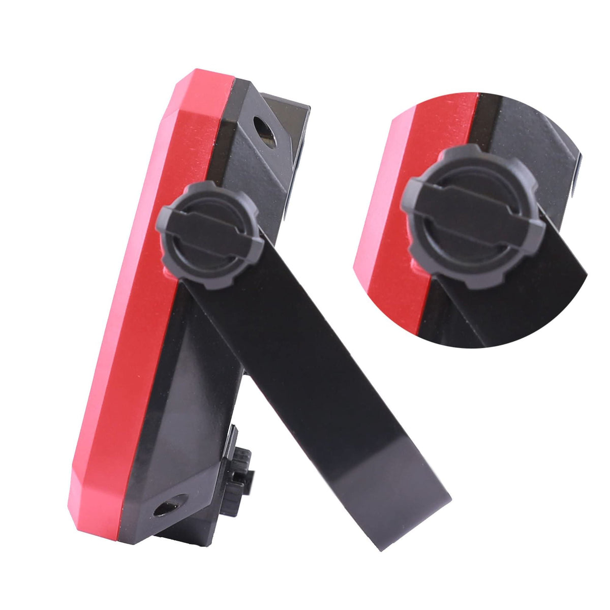 Side of the red LED work light showing the tilt-lock knob on the stand