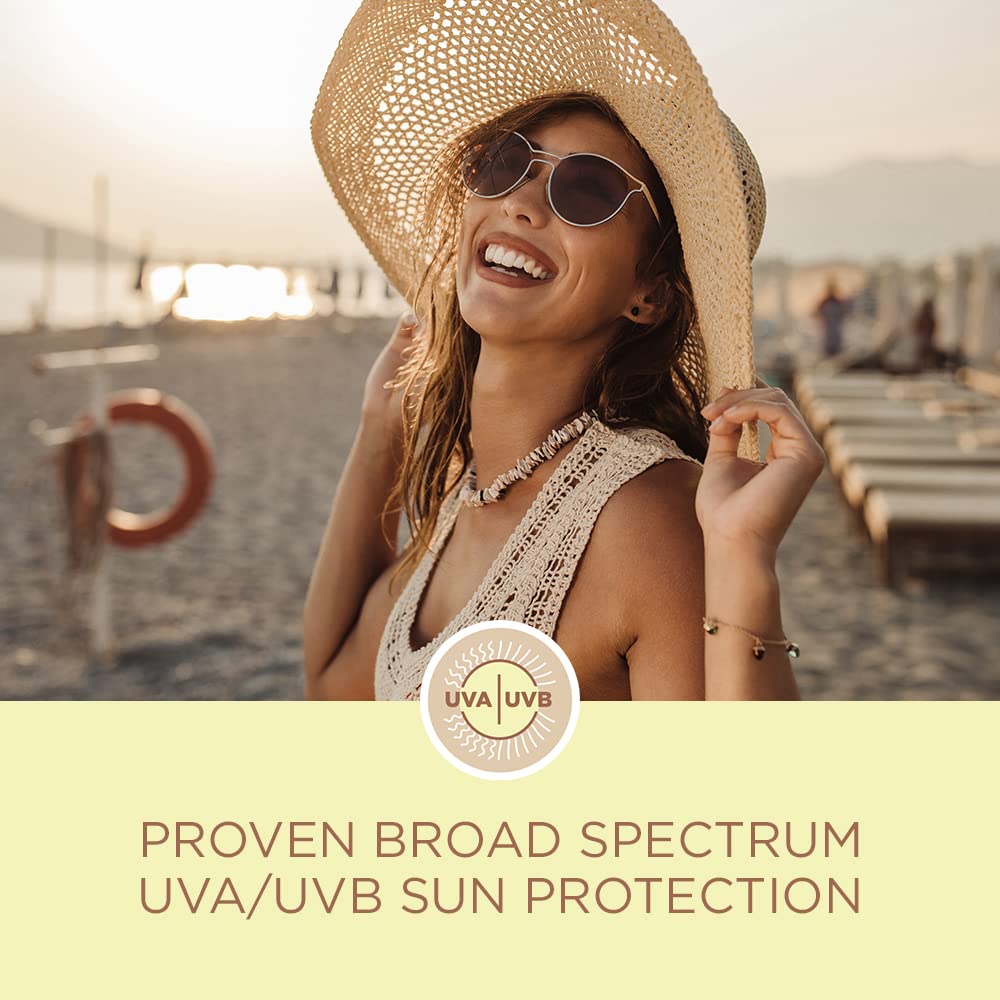Smiling woman in a straw hat and sunglasses on a beach above a UVA/UVB protection banner