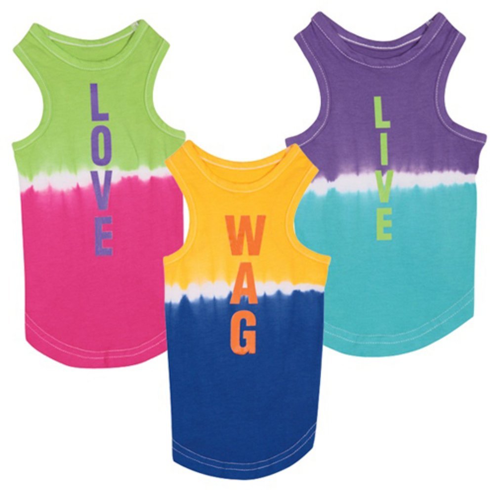 Three tie-dye dog tanks in LOVE, WAG and LIVE colourways